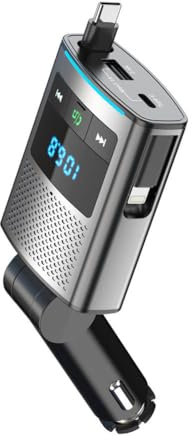Radio and bluetooth car adapter with Retractable Fast Car Charger 4 in 1-80W+ Fast Car Charger & Bluetooth 5.3 transmitter. FM Transmitter with Music Player, Hands-Free Calling - USB-C & USB