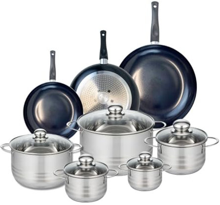 ELO 9743350 Batterie de cuisine 8 pièces, Ensemble de 3 Poêles de cuisson 20, 24 et 28 cm et 5 faitouts 12, 14, 16, 20 et 24 cm Elo Prima Brillant, inox, induction, Noir