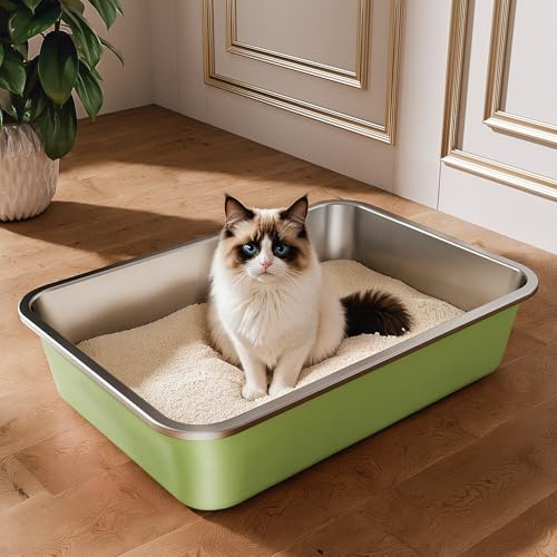 Stainless Steel Cat Litter Tray, Cat Litter Box for Large Small Cats, High Sided Metal Litter Tray, Cats Toilet for Kitten Rabbit and Guinea Pig, Non-Stick, Odor-Free (Green, 19.5L×13.6W×3.9H)