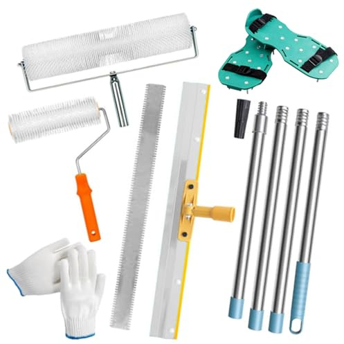 Self-Leveling Tool Kit for Floors, Kit with 2 Ventilation Rollers 23 cm + 51 cm, Spiked Shoes for Lawn 30 mm, Telescopic Pole 175 cm, (With Paint Roller and Spatulas for Stucco)