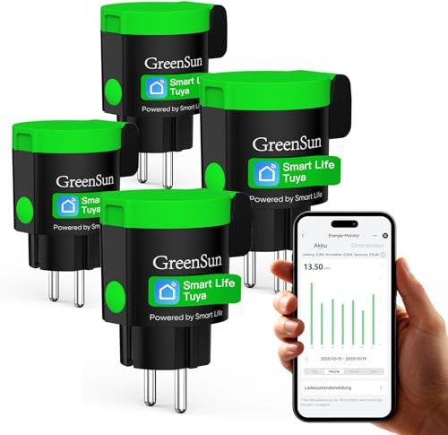 GreenSun WLAN Steckdose Outdoor Zeitschaltuhr Aussenbereich Grün 4pc | Nur Smart Life APP IP44 Strommessung Timer Zeitpläne per App oder Sprache steuerbar mit Alexa oder Google 16A 3000W