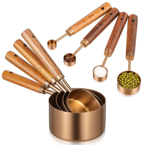 STOBAZA 8-teiliges Messbecher und Messlöffel Set, Goldfarbenes Edelstahl Küchenmessset mit Holzgriff, Messwerkzeuge für Backen, Kochen, Kaffee, Gewürze und Zutaten