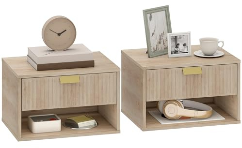 HOMCOM Schwebende Nachttische 2er Set, Wandmontierte Nachttische mit geriffelter Schublade und offenem Regal für kleines Schlafzimmer, moderner Nachttisch, 40 x 30 x 25 cm, Eiche