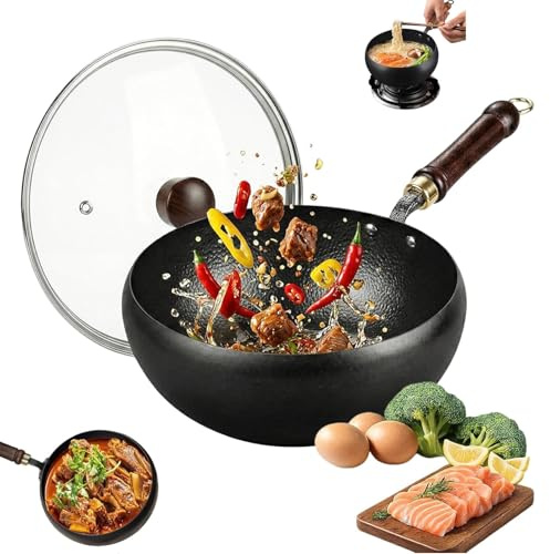 Japanese Cast Iron Wok,2026 Upgraded Japanese Cast IronPot & Pan Set,Hand Hammered Non-Stick Thick Iron Frying Pan with Lid,Uncoated Healthy Cooking Pot,for Stir Fry,Stew, Induction & Gas Stoves