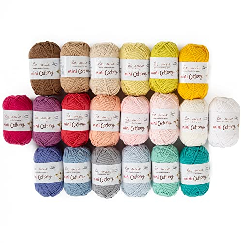 La mia Mini Cottony 20 Skein 100% Cotton Mini Yarn, Total 17.6 Oz Each 0.88 Oz (25g) / 65 Yrds (60m), Light, Dk (V1)