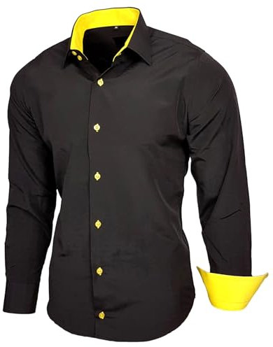 Baxboy Herren-Hemd Slim-Fit Bügelleicht Für Anzug, Business, Hochzeit, Freizeit - Langarm Hemden für Männer Langarmhemd R-44, Farbe:Schwarz/Gelb, Größe:XL