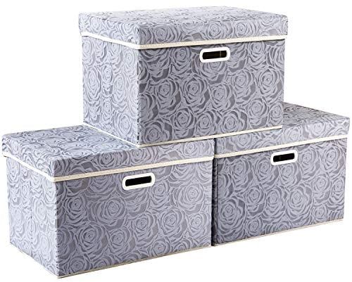 Prandom Storage Boxes with Lids Large.Rose Pattern Fabric Decorative Storage Box, Really Useful Box,Clothing Storage,Cubes Organizers,Collapsible,Stackable,45x30x30cm, Gray[3-Pack]