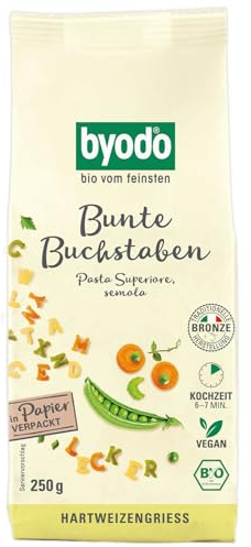 Byodo Pasta Bunte Buchstaben 250g - Bio Hartweizengrieß Naturspeise, Italiener Qualität, Vegetarisch, mit Bio-Spinat & Tomatenpulver, Traditionelle Bronze-Matrizen