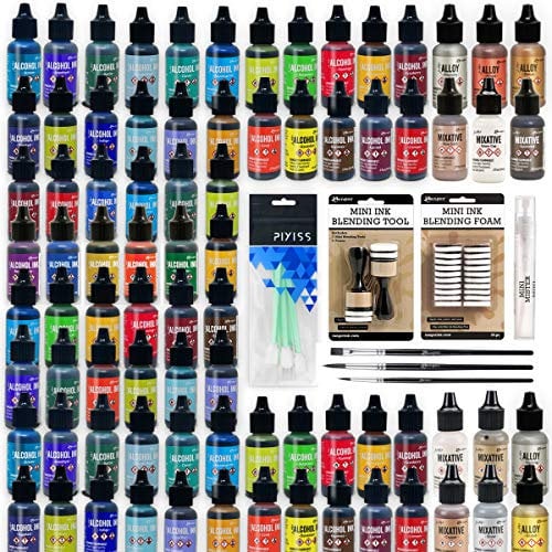 All 96 Ranger Tim Holtz Alcohol Inks with New 2024 Colors, Complete Set with Alloys, Mixatives, Pixiss Blending Tools, Mini Blending Tools and Foams, Premium Brush Set for Alcohol Ink and Mini Mister