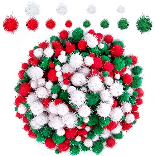 BQTQ 1200 Stücke Weihnachtliche Glitzer Pom Pom Fluffy Pom Balls Bunte Pailletten Shiny Lametta Pom Pom für Weihnachten DIY und Dekorationen, 4 Größen (Weiß, Grün,Rot)