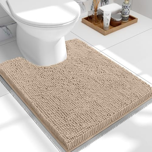 smiry Non-Slip Toilet Mat Extra Soft Absorbent Pedestal Mat for Toilet Thick Shaggy Chenille Bath Mat Machine-Washable Dry Bathroom Floor Mat, 50 x 60 cm, Beige