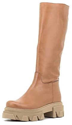 QUEEN HELENA Stivali Biker di Pelle Alti al Ginocchio con Plateau a Carrarmato Casual Comodi Senza Chiusura Donna LUNA 1001 Cuoio 39