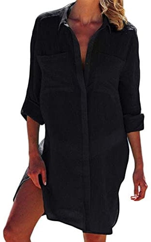 JFAN Women Bikini Cardigan Swimsuit Shirt Cover Up Swimwear Dress Lady Beachwear with Pocket Button Beach Shirt Black