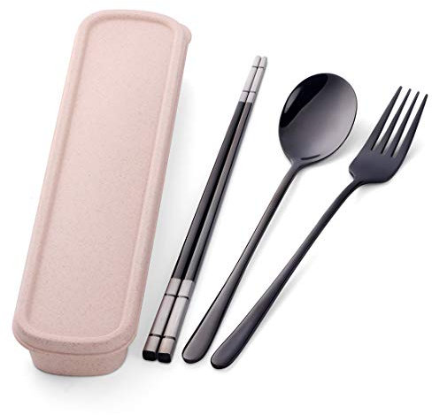 Buyer Star Tragbares 3-teiliges Outdoor-Besteck-Set Gabel Löffel Essstäbchen Camping Reise-Besteck-Set mit Etui，Schwarz