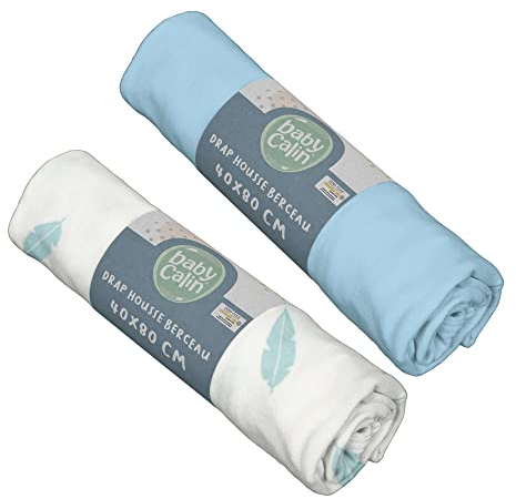 BabyCalin - 2 Stück Spannbettlaken, 40 x 80 cm, Blau/Federn, Öko-Tex-Zertifiziert
