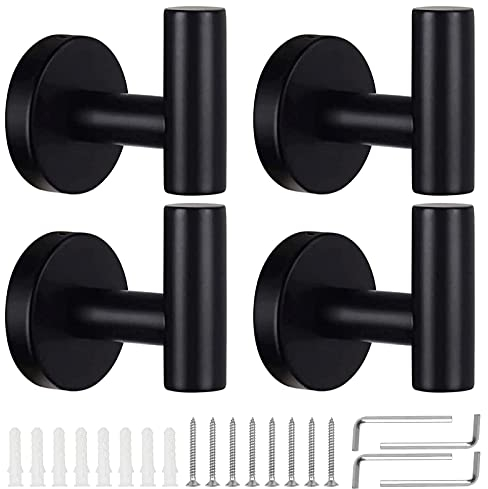 KissDate 4 Pack Towel Hooks, Wall Coat Hook Bathroom Matte Black Robe Hook SUS 304 Stainless Steel Heavy Duty Door Hanger Clothes Cabinet Closet Sponges Hook Shower Robe Hand Hooks for Bathroom