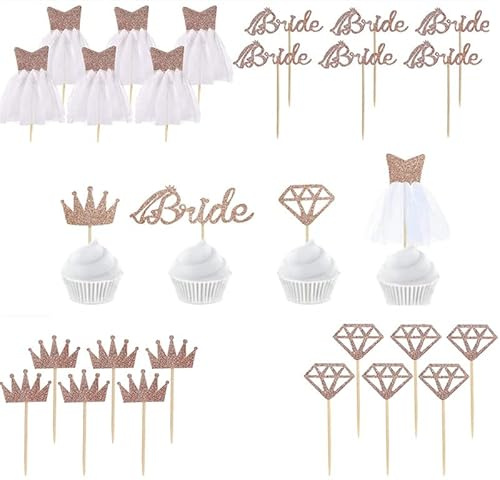 Cake Topper Bridal 24-teilig Rose Gold Glitter Bride Cupcake Toppers mit Diamant, Crown,Bride,3D Hochzeit Dress