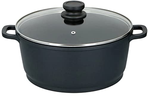 Cast Aluminium Casserole Dish with Glass Lid Induction Safe Cooking Pot Teflon Coating Stock Pot Soup Stew Pan Casserole Dish with Lid Oven Safe, Black (28cm)