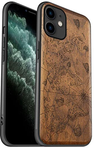 Carveit Holz Handyhülle für iPhone 11 Cover [Einzigartiges Design Case] Stoßstange hülle Kompatibel mit 11 Stilvolle Aussehen TPU Hülle（Nussbaum-Weltkarte）
