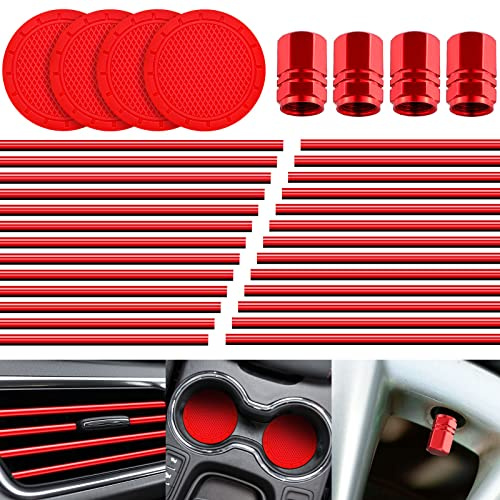 Frienda 28 Pcs Car Interior Accessories Including 20 Pcs Car Air Conditioner Decoration Strip 4 Non Slip Silicone Car Cup Coaster 4 Car Tire Valve Stem Caps for Most Cars SUVs Trucks(Red)