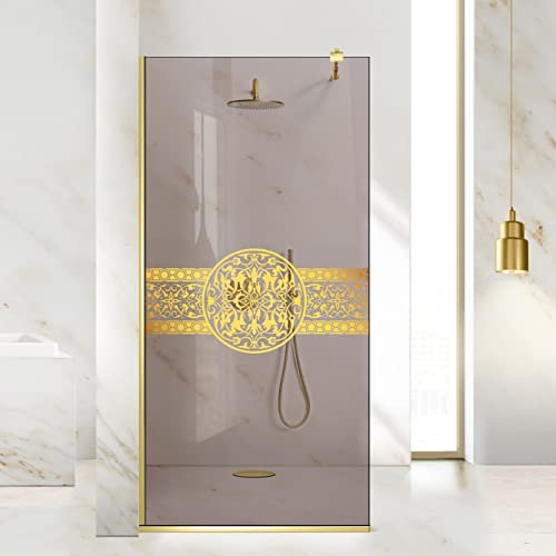 Aqua Roy Gold Modèle Doha MEDALION Golden, taille 90 cm à partir de 70/80/90/100/110/120, paroi de douche à l'italienne, verre bronze de 8 mm, motif sablé nano-revêtement (90 x 195 cm)