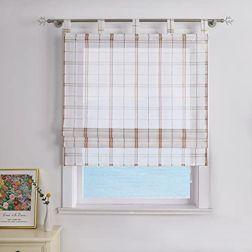 Raffrollo Leinen Transparente Raffgardine Landhaus Küche Gardinen mit Schlaufen Schlaufenrollo Vorhänge Kariert Rot BxH 60x140cm 1 Stück