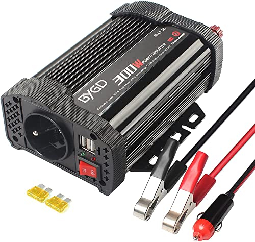 BYGD 300W Convertisseur 12v 220v, Convertisseur Allume Cigare Prise Electrique, Transformateur 12v 220v avec 1 Prise française et 2 Ports USB.