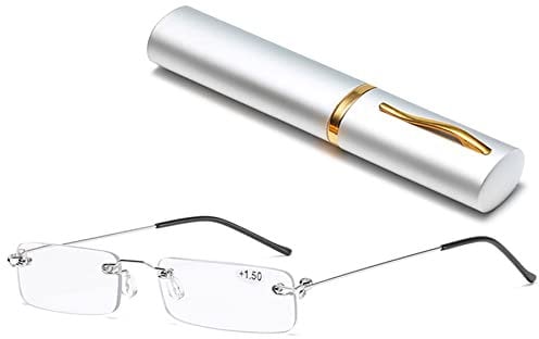 Lanomi Mini rahmenlose Lesebrille Blaulichtfilter Schmal Damen Herren Ultraleichte Rechteck Randlos Lesehilfe Klein Brille mit MetallEtui Silber 3.0