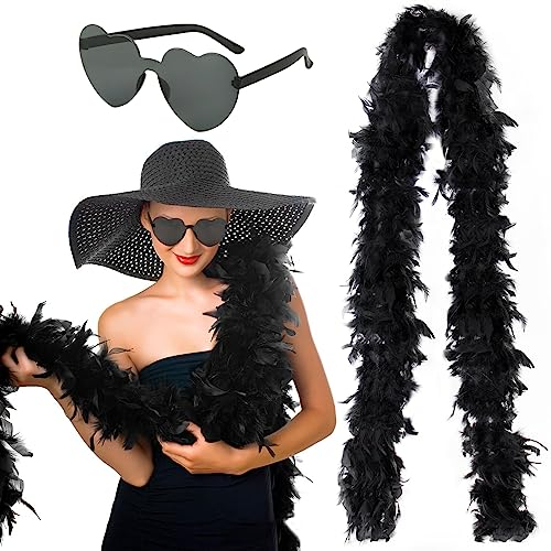 BETESSIN Federboa 200cm Schwarz Federschal 60g mit Herz Brille Karneval Kostüm Accessoire 20er Jahre Charleston Flapper Fasching Mottoparty Cosplay Party Tischdeko Hochzeitsdeko
