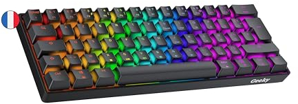 Geeky GK61 60% | Hot Swappable Clavier de Jeu Mécanique | 62 Touches Multicolores Rétroéclairées RGB LED pour Gaming PC/Mac | ISO FR AZERTY Clavier Français (Noir, Mechanical Red)