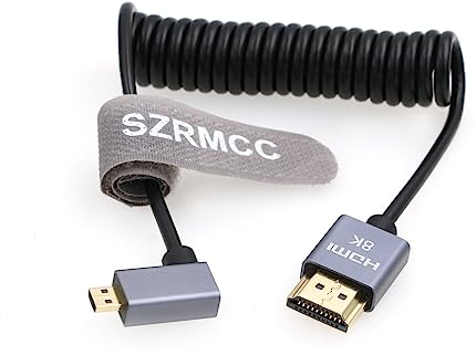 SZRMCC 8K 2.1 Micro HDMI à Angle Droit vers HDMI câble Tressé Spiralé Haute Vitesse pour Go-Pro Hero 3/4 Canon EOS M5 Sony A6000 A7III RX10 Nikon B500 Z6 Raspberry Pi 4 Atomos Ninja 2 Monitor