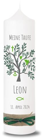 VILLA ROSA LOTTA - Personalisierbare Taufkerze Leon mit Wunschdaten und Rückseite I Lebensbaum Motiv I 25 cm x 7 cm I Taufkerzen für Jungen und Mädchen I Farbe elfenbein weiß