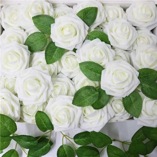 ROYALLATO Artificial Flowers 30pcs Artificial Roses White Flowers Fake Flowers Foam Roses with Stem & 20 Leaves Wedding Decorations DIY Mother's Day Bridal Bouquets Cake & Home Decorations Baby Shower