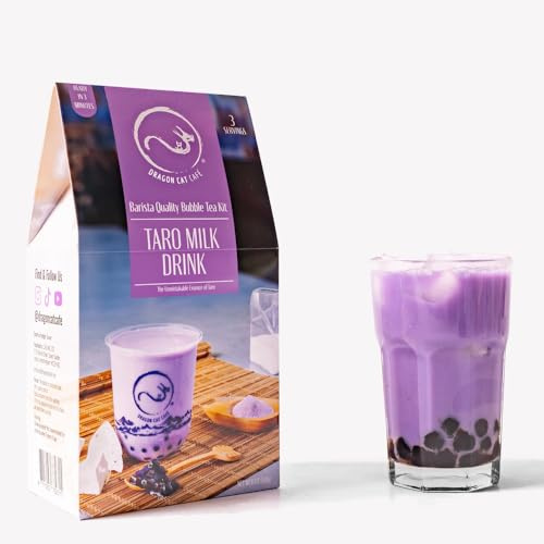 Dragon Cat Café Bubble/Boba Tea Kit (Pack of 3) Taro Flavour with Instant Tapioca Pearls and Tea Powder | Makes 3 Drinks | with 3 Paper Straws | BubbleTea Gift Set