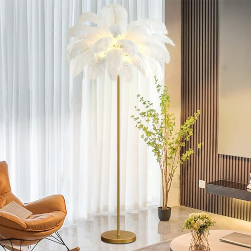 ANram Lampadaire en plumes d'autruche pour salon 160 cm, lampe sur pied en plumes d'autruche pour décoration de chambre à coucher, grande lampe avec ampoule LED G4 à intensité variable