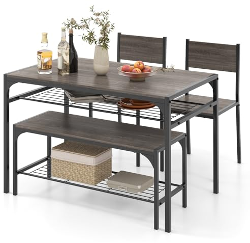 TANGZON Dining Table and 2 Chairs with Bench, Wooden Kitchen Table and Chairs Set of 4 with 2 Storage Racks, Metal Frame Dining Room Sets Furniture for Home Living Room Restaurant (Grey Oak)