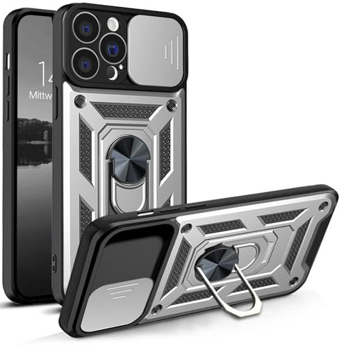 LBH Armor Hülle kompatibel mit Apple iPhone 13 Pro Case mit Kameraschutz Outdoor Stoßfest Handyhülle 360 Grad Metal Ring Halter Ständer Schutzhülle für Handyhalterung Auto Magnet Silber