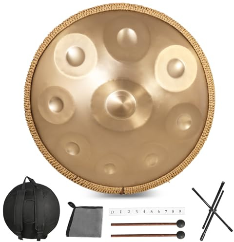 Zanefoo Handpan Instrument, 22 Zoll 9 Note 432HZ Hand Pan Drum Gold Steel Tongue Drum Zungentrommel für Yoga, Meditation mit Handtaschen Trommelstöcken, Trommelständer, Lappen