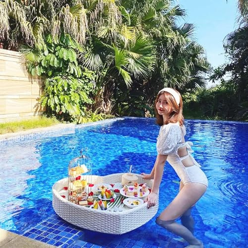 Floating Tray Table Bar DIY Floating Tray, Heart Rattan Woven Floating Serving Tray Table, Swimming Pool Float for Sandbars, Spas, & Parties (Color : White)