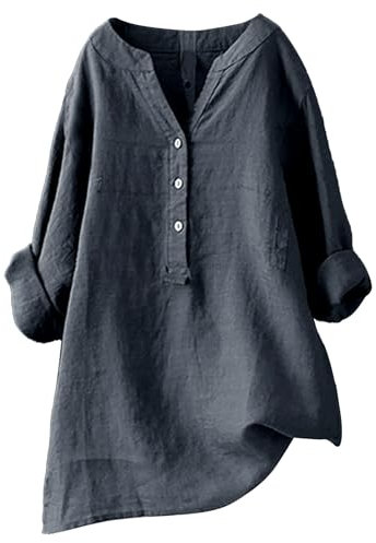 Leinen Oberteil Damen Tunika, Sommer Long Bluse Top Langarm Mit Knöpfen Hals T-Shirt Große Größen Casual Elegant Vintage Style Oversized Shirt, Grau, 5XL