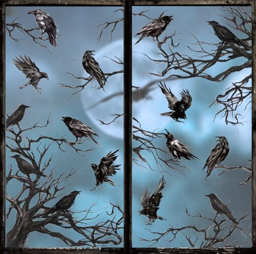 JarThenaAMCS Halloween Krähe Fensteraufkleber Schwarze Krähe Vögel Zweige, Gothic, doppelseitig, wiederverwendbar, Fensteraufkleber für Party, Zuhause, Büro, Klassenzimmer, Dekoration, 4 Blatt