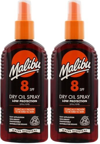 Malibu Sun SPF 8 Non-Greasy Dry Oil Spray for Tanning with Shea Butter Extract, Low Protection, Water Resistant, 200ml (Pack of 2)