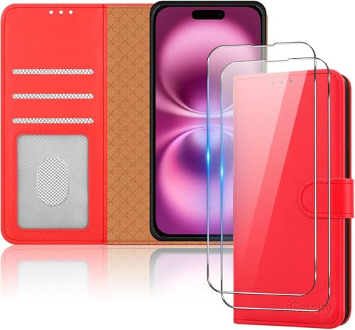 iCatchy for iPhone 16 Case (6.1-Inch) with 2x Screen Protector Leather Magnetic Flip Cover Card Holder Kickstand Feature Full Protection Phone Cover Compatible with iPhone 16 Red