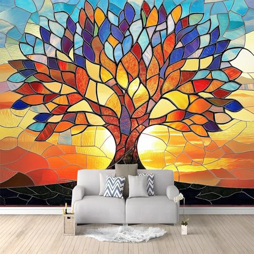 Papier Peint Panoramique Arbre De Vie En Vitrail 300x210 cm Papier Peint Intissé Mural, Poster Geant Mural Impression 3D, pour Salon Chambre d'enfants restaurant Décoration Murale