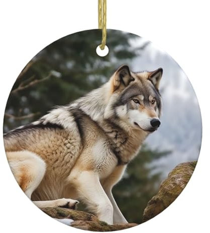 Christbaumschmuck aus Keramik zum Aufhängen mit goldenem Band - runde Porzellananhänger - schneebedeckter Berg - wilder Wolf - Christbaumschmuck