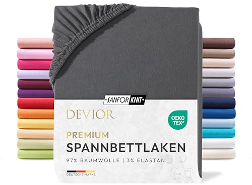 Devior Premium Spannbettlaken 180x200cm - 200x220cm für Boxspringbetten bis 32cm, 97% Baumwolle & 3% Elastan, Anthrazit – 190 g/m² Anti-Statisches, atmungsaktives Bettlaken mit Einlaufschutz