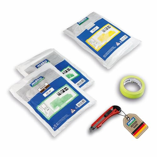 mako PROFI Abdeckset 5-teilig – Kompaktes Abdeckset mit 2x Allzweckplane, 1x Malerplane, 1x hochwertiges Washi-Tape und 1x Cuttermesser, Abdeckfolie für alle Renovierarbeiten