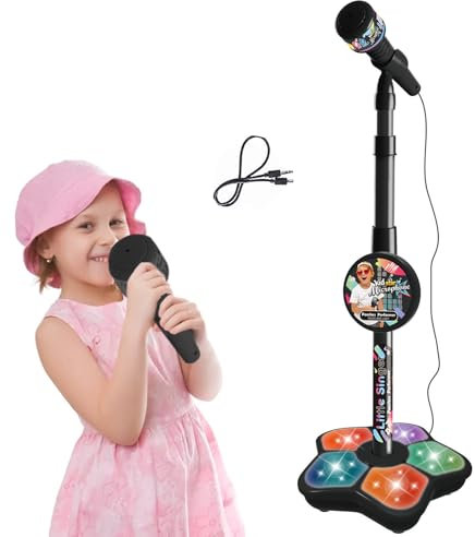 RUICUBE Mikrofon mit Ständer für Kinder, Standmikrofon mit 5 Lichtern, Schwarz, Modern, Beleuchtetes Mikrofon, 3,5 mm Klinke