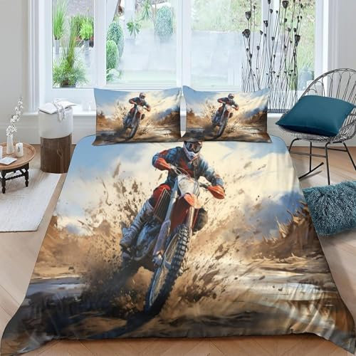 Bettwäsche 260X230 cm Mädchen Jungen Moto-Cross 3D Druck Vier Jahreszeiten Leicht Mikrofaser Bettbezug Zimmer Dekor Bettwäsche-Sets 3Teilig Mit Reißverschluss Und 2 Kissenbezüge -69520888316649