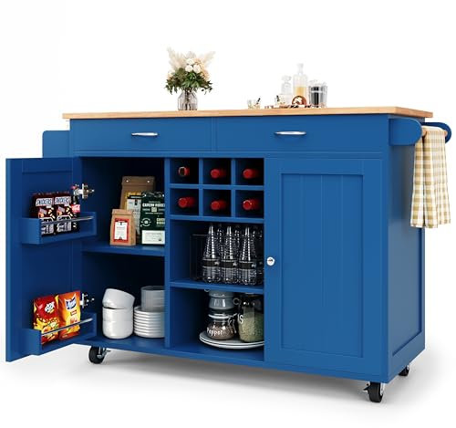 A ALFRESCOOL Moderne Kücheninsel(102×45×92cm), Küchenschrank, buffetschrank, Speisewagen mit Holzmaserung, buffetschrank, Multifunktionale Esstisch mit Speicherraum, Blau